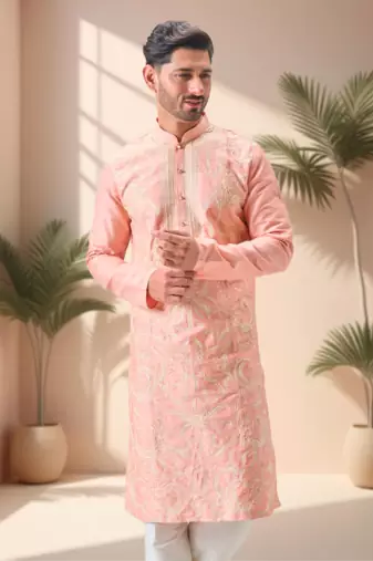 Pink art silk embroidery kurta pajama set