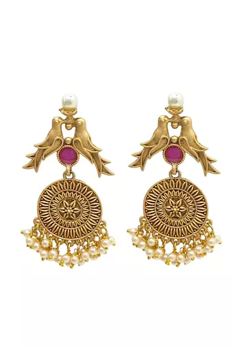 Gold-plated red stone drop earrings