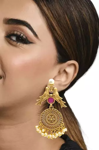 Gold-plated red stone drop earrings