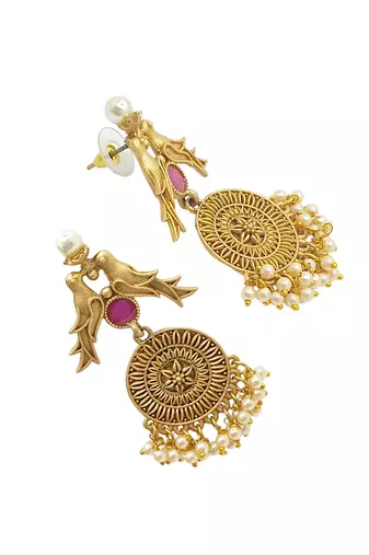 Gold-plated red stone drop earrings