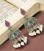 Silver-plated stone-studded & beaded jhumkas earrings