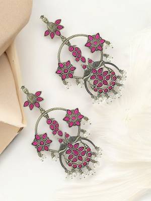 Silver-plated pink stone contemporary drop earrings 1