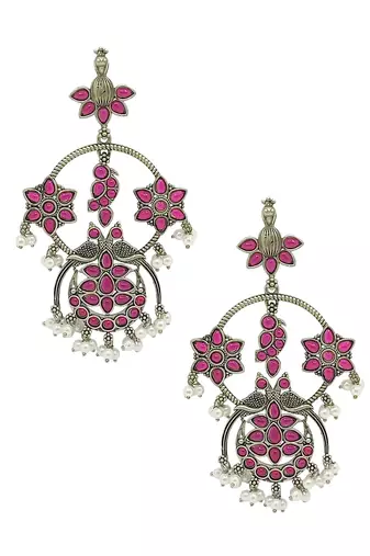 Silver-plated pink stone contemporary drop earrings