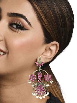 Silver-plated pink stone contemporary drop earrings 3