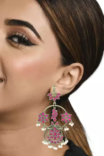 Silver-plated pink stone contemporary drop earrings