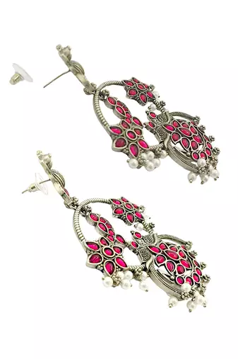 Silver-plated pink stone contemporary drop earrings