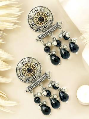 Silver-plated black beaded contemporary drop earrings 1
