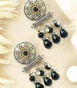 Silver-plated black beaded contemporary drop earrings