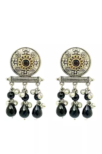 Silver-plated black beaded contemporary drop earrings