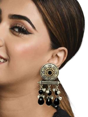 Silver-plated black beaded contemporary drop earrings 3