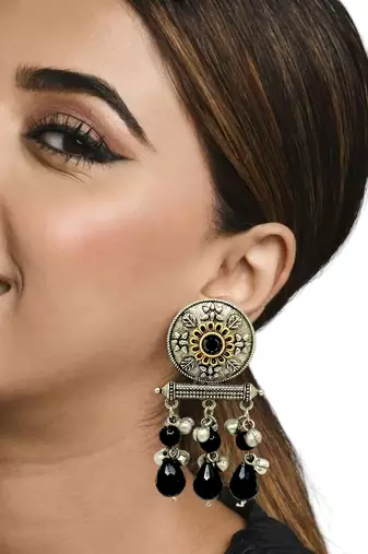 Silver-plated black beaded contemporary drop earrings