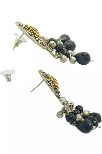Silver-plated black beaded contemporary drop earrings