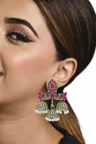Silver-plated classic floral jhumka earrings
