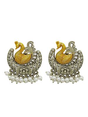 Silver-plated peacock shape pearl stud earrings 2