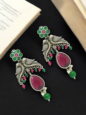 Silver-plated parrot design artificial stone drop earrings 1