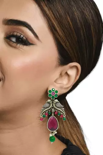 Silver-plated parrot design artificial stone drop earrings