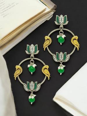 Silver-plated kundan studded lotus tribal drop earrings 1