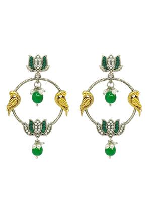 Silver-plated kundan studded lotus tribal drop earrings 2