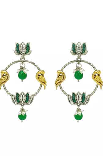 Silver-plated kundan studded lotus tribal drop earrings