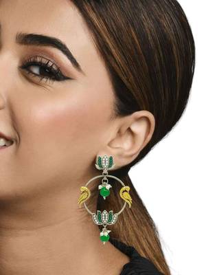 Silver-plated kundan studded lotus tribal drop earrings 3