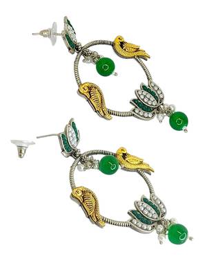 Silver-plated kundan studded lotus tribal drop earrings 4