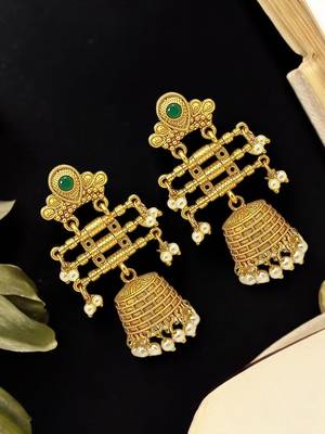 Gold-plated stone studded & beaded contemporary jhumka earrings 1