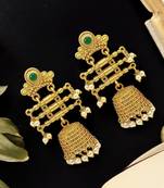 Gold-plated stone studded & beaded contemporary jhumka earrings