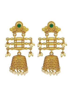 Gold-plated stone studded & beaded contemporary jhumka earrings 2