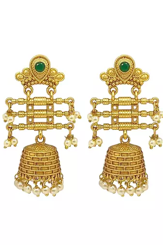 Gold-plated stone studded & beaded contemporary jhumka earrings