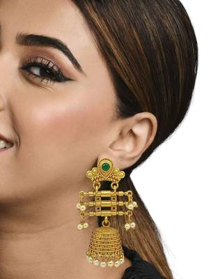 Gold-plated stone studded & beaded contemporary jhumka earrings 3