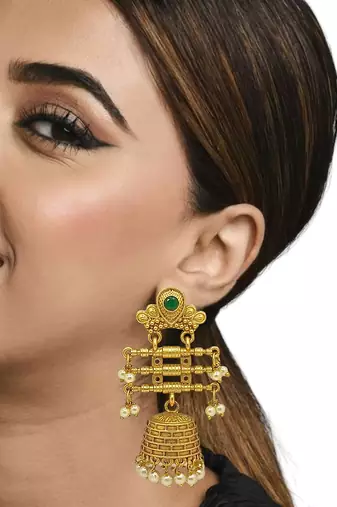Gold-plated stone studded & beaded contemporary jhumka earrings