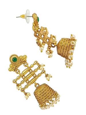 Gold-plated stone studded & beaded contemporary jhumka earrings 4