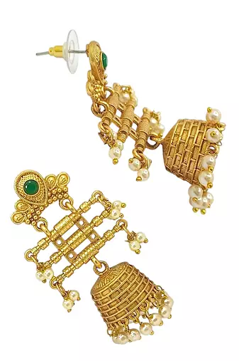 Gold-plated stone studded & beaded contemporary jhumka earrings