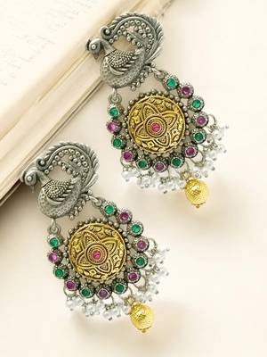 Silver-plated peacock design stone-studded & beaded  drop earrings 1