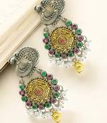 Silver-plated peacock design stone-studded & beaded  drop earrings