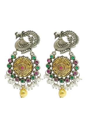 Silver-plated peacock design stone-studded & beaded  drop earrings 2
