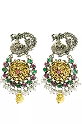 Silver-plated peacock design stone-studded & beaded  drop earrings