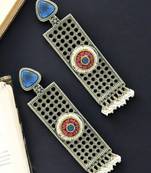 Silver-plated stone-studded & beaded classic drop earrings