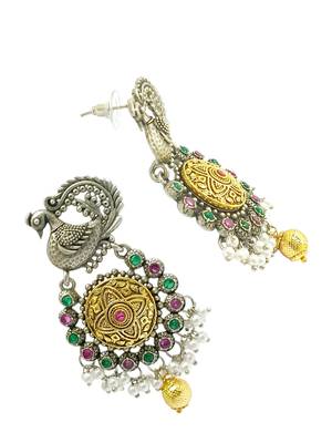 Silver-plated peacock design stone-studded & beaded  drop earrings 3