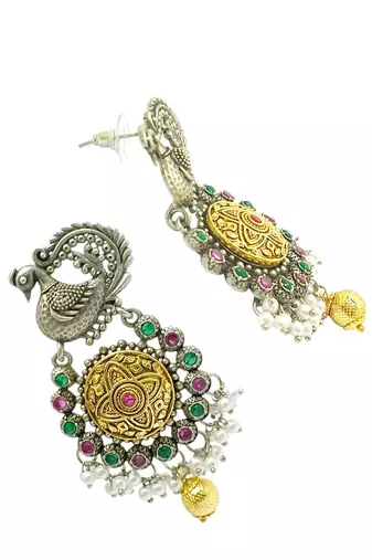 Silver-plated peacock design stone-studded & beaded  drop earrings