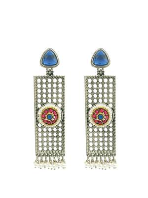 Silver-plated stone-studded & beaded classic drop earrings 2