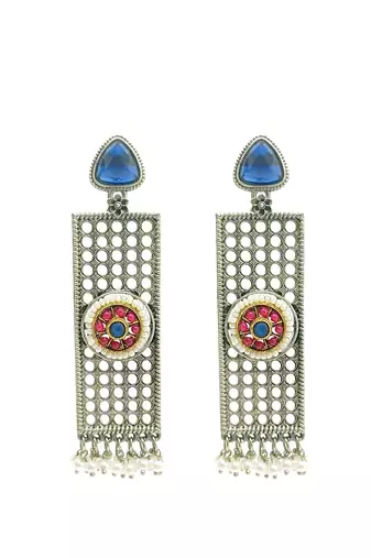 Silver-plated stone-studded & beaded classic drop earrings