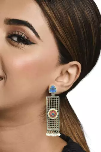 Silver-plated stone-studded & beaded classic drop earrings