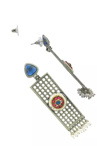 Silver-plated stone-studded & beaded classic drop earrings