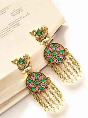 Gold-plated stone-studded peacock design drop earrings 1