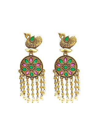 Gold-plated stone-studded peacock design drop earrings 2
