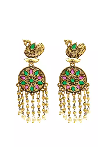Gold-plated stone-studded peacock design drop earrings