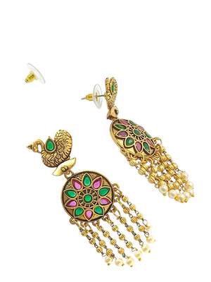 Gold-plated stone-studded peacock design drop earrings 3