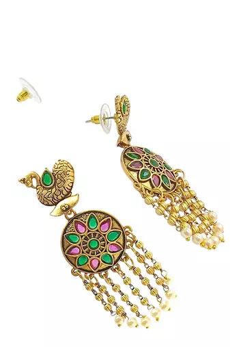 Gold-plated stone-studded peacock design drop earrings