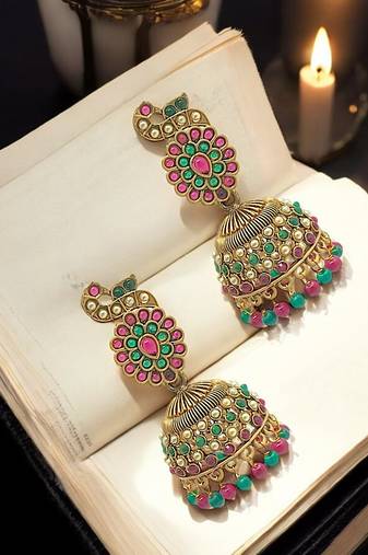 Gold-plated peacock dome jhumka earrings